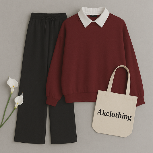 Maroon Collar Sweatshirt with Black Flapper Trouser