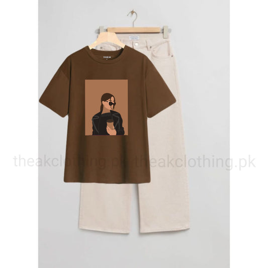 Beige wide leg jeans + Brown Tshirt coffee girl