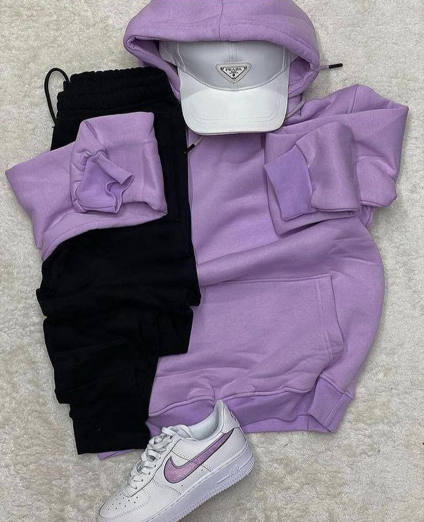 Lilac Hoodie Black Trouser Tracksuit