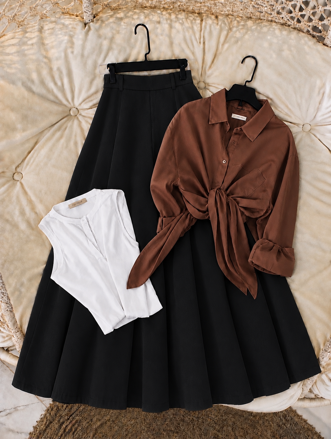 Pack of 3 of Brown Button with tank top + Black Skirt