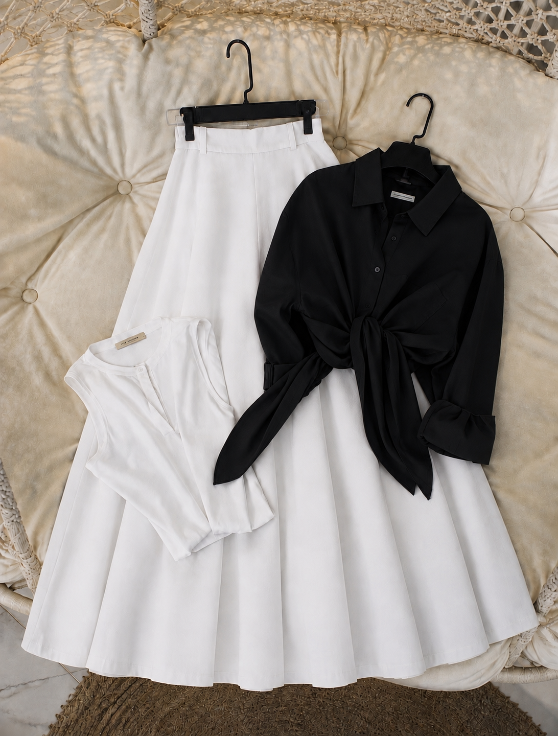 Pack of 3 of Black Button down with tank top + white Skirt