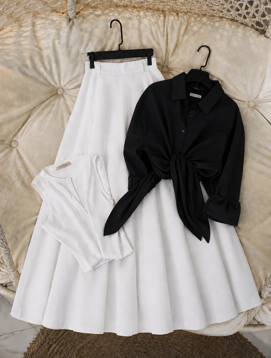 Pack of 3 of Black Button down with tank top + white Skirt