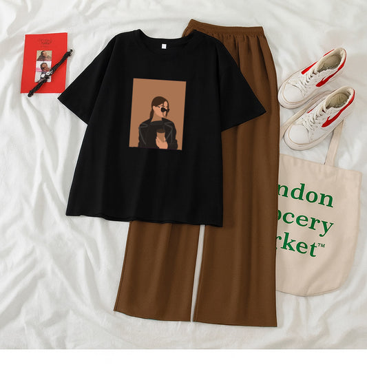 Pack of 2 Black Tshirt Coffee Girl With Brown Flapper Trouser
