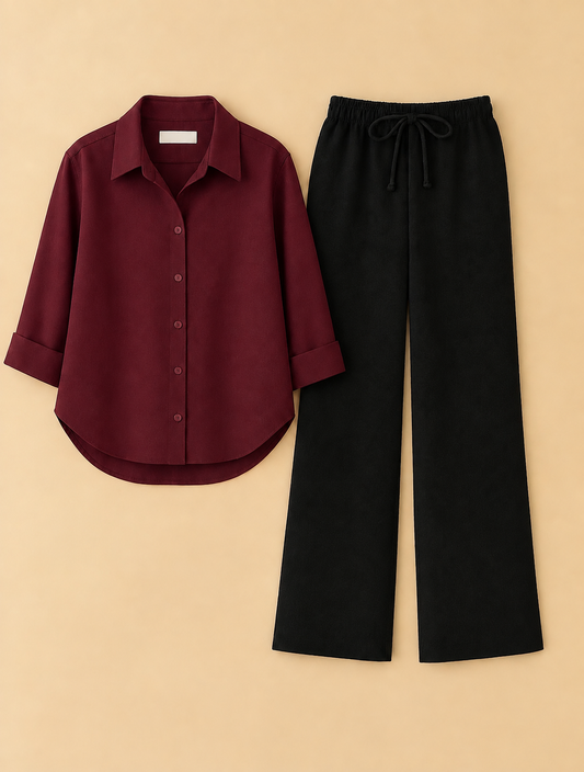 Maroon button down Black Flapper Cordset