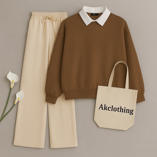 Brown Collar Sweatshirt with Beige Flapper Trouser