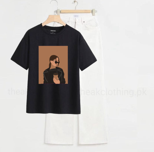 White wide leg jeans +Black  tshirt coffee Girl