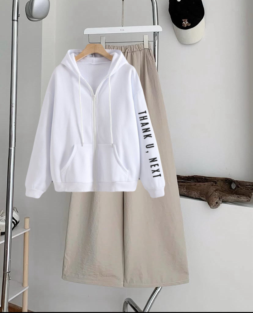 Thankunext sleeves Zipper Hoodie with Skin  Flapper Trouser Tracksuit – white
