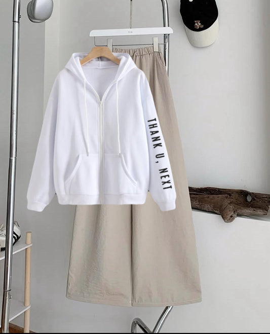 Thankunext sleeves Zipper Hoodie with Skin  Flapper Trouser Tracksuit – white