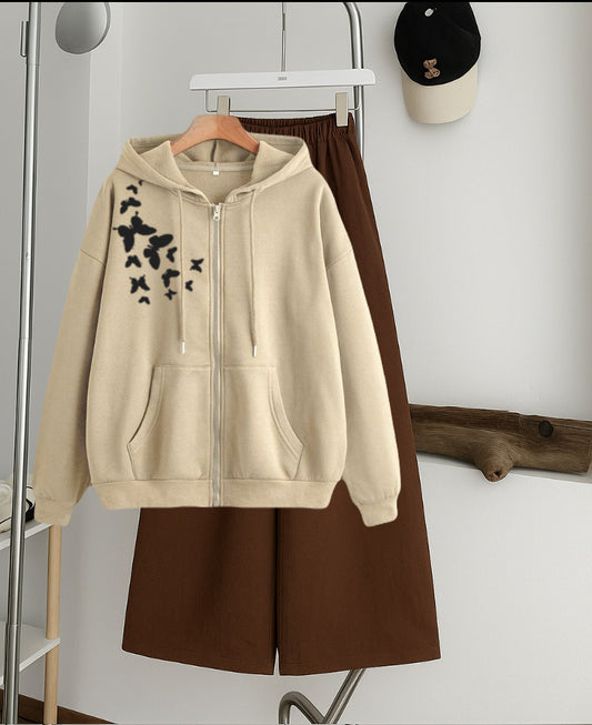 Shoulder butterfly Zipper Hoodie with Brown  Flapper Trouser Tracksuit – Skin
