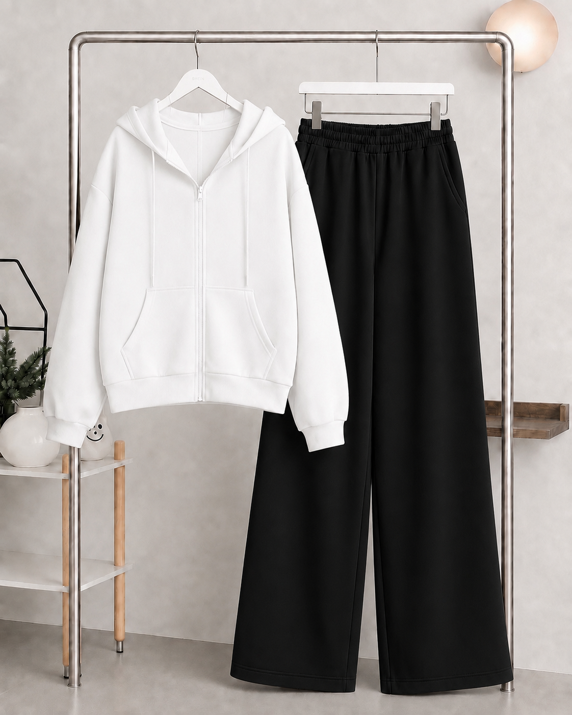 White Zipper Hoodie with   Black Flapper Trouser Tracksuit