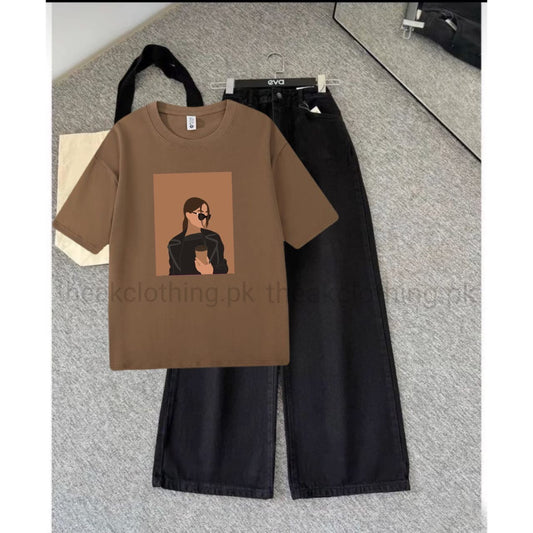 Black wide leg jeans + Brown  tshirt Coffee girl