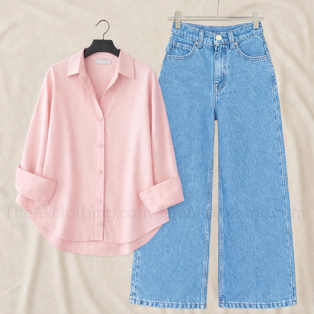 Pack of 2 pink Button down With sky  wide leg jeans