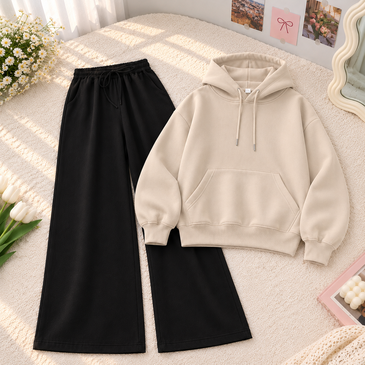 Beige Hoodie With Black Flapper Trouser Track suit