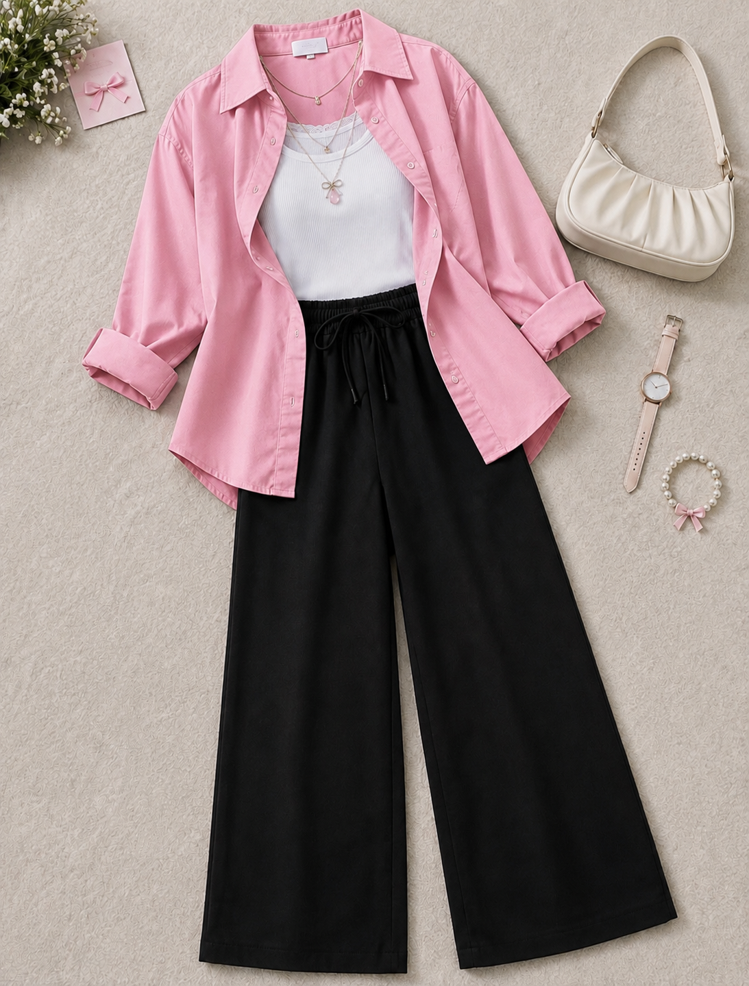 Pack of 3 of Pink Button down + Inner With Black Flapper Trouser