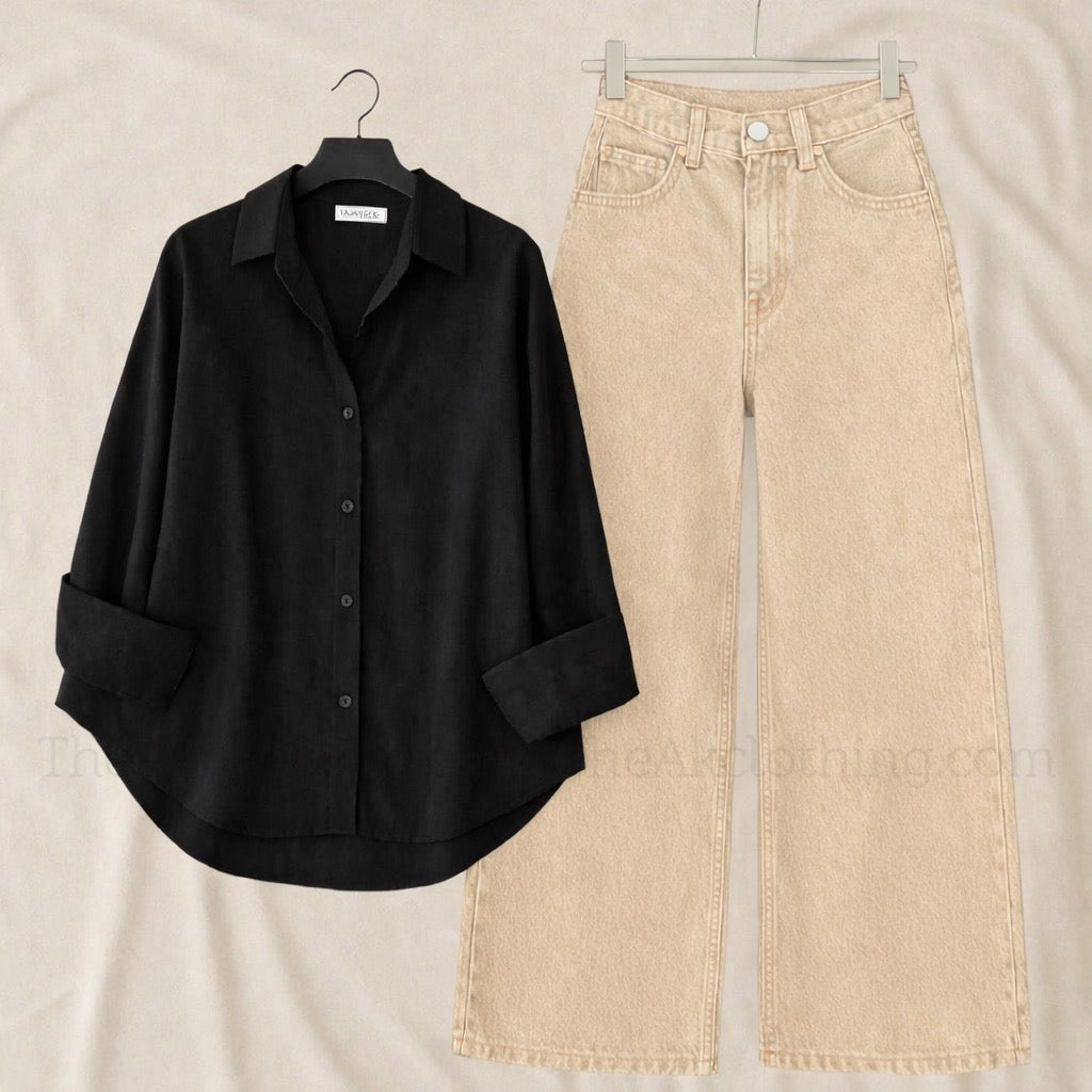 Pack of 2 Black Button down With Beige Wide leg Jeans
