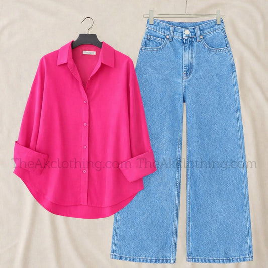 Pack of 2 ShockingPink  Button down With sky  wide leg jeans