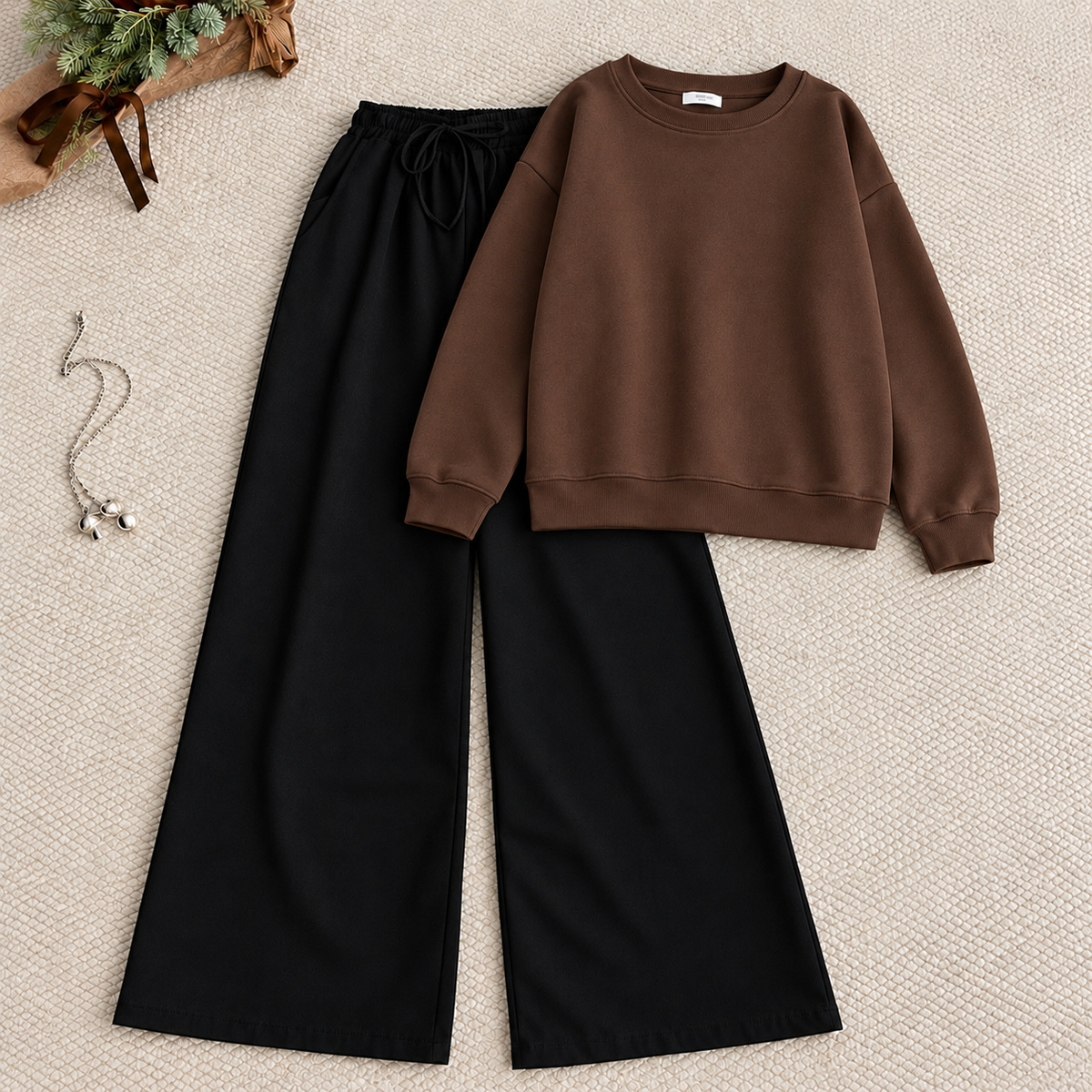 Brown Sweat Shirt With Black Flapper Trouser Tracksuit