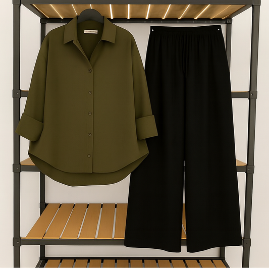 Olive button down shirt with black flapper Trouser