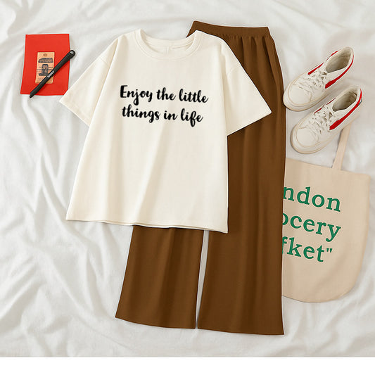 Pack of 2 White tshirt enjoy the little thing with Brown Flapper Trouser