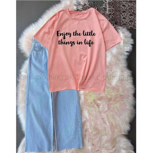 Sky wide leg jeans + Pink  tshirt Enjoy the little thing