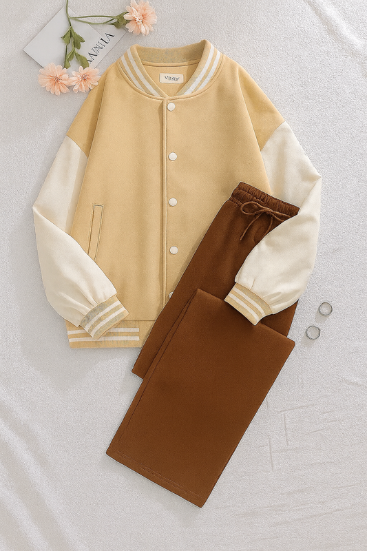 Skin varsity Jacket With Brown Flapper Trouser