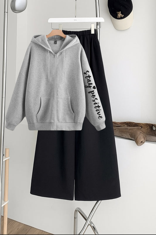 Stay positive sleeves Zipper Hoodie with Black  Flapper Trouser Tracksuit – Grey