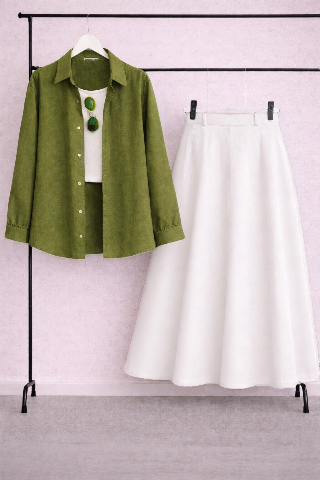 Pack of 3 Olive Button down + Tanktop  With White Skirt
