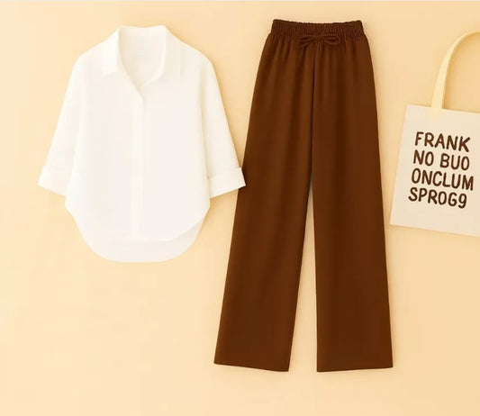 White Button Down With Brown Flapper Cordsets