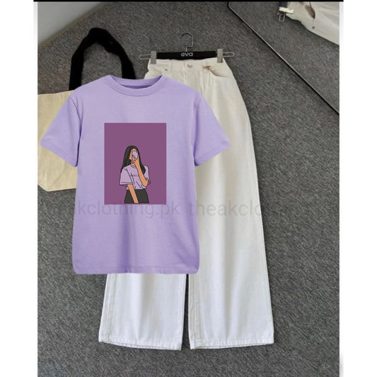 White wide leg jeans + lilac  tshirt selfie girl