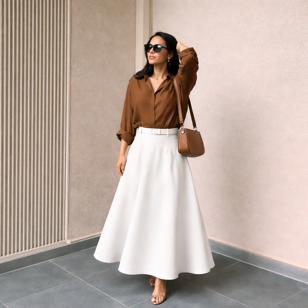 Pack of 2 Brown Button down Shirt  + White Skirt