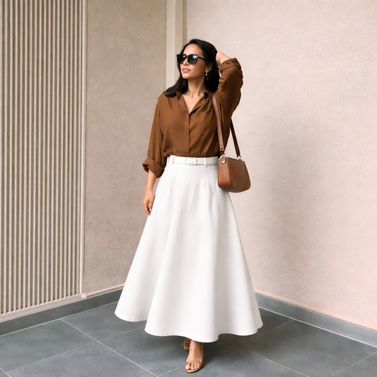 Pack of 2 Brown Button down Shirt  + White Skirt
