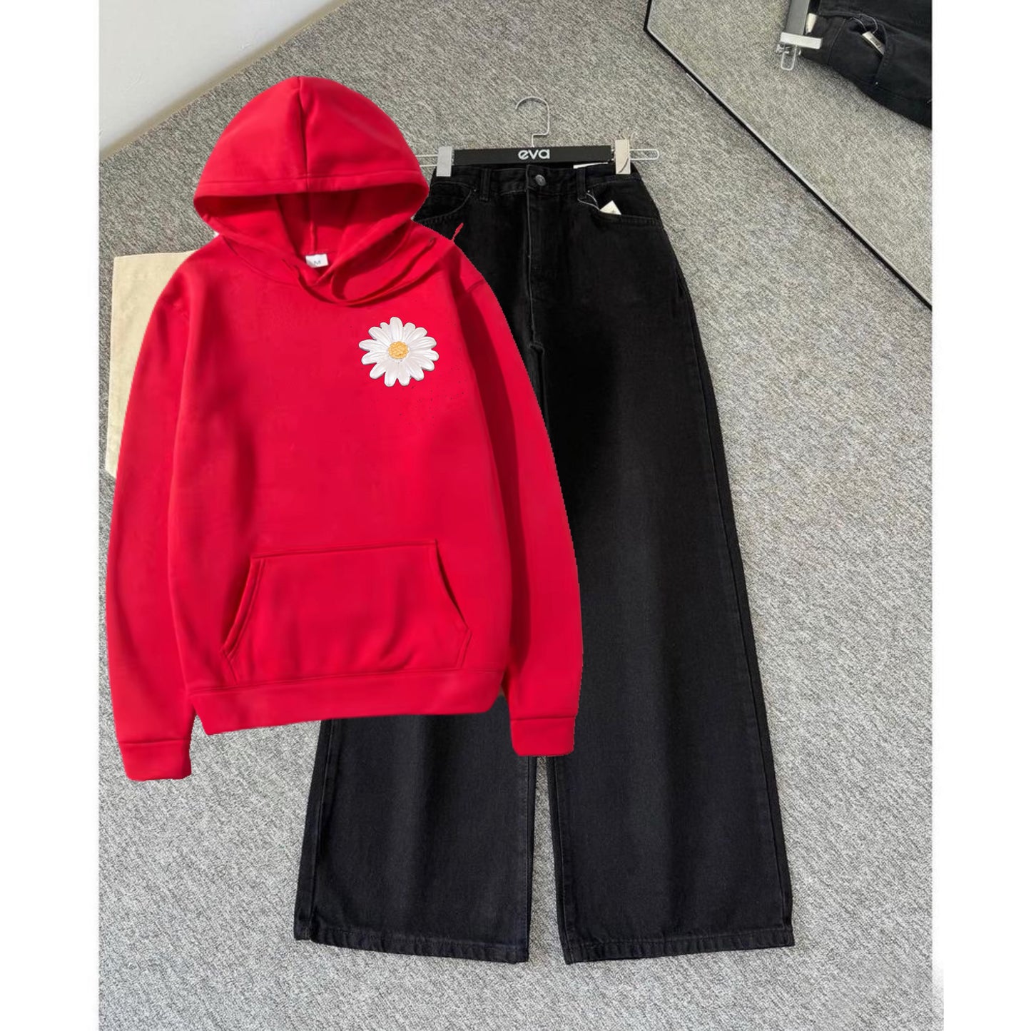 Flower p Red hoodie black wide leg jeans