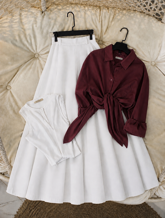 Pack of 3 of Maroon Button down with tank top + white Skirt