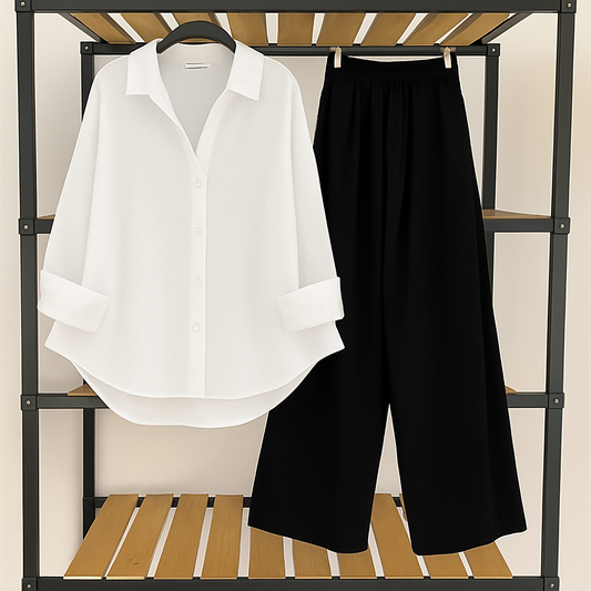 White button down with Blackl flapper Trouser