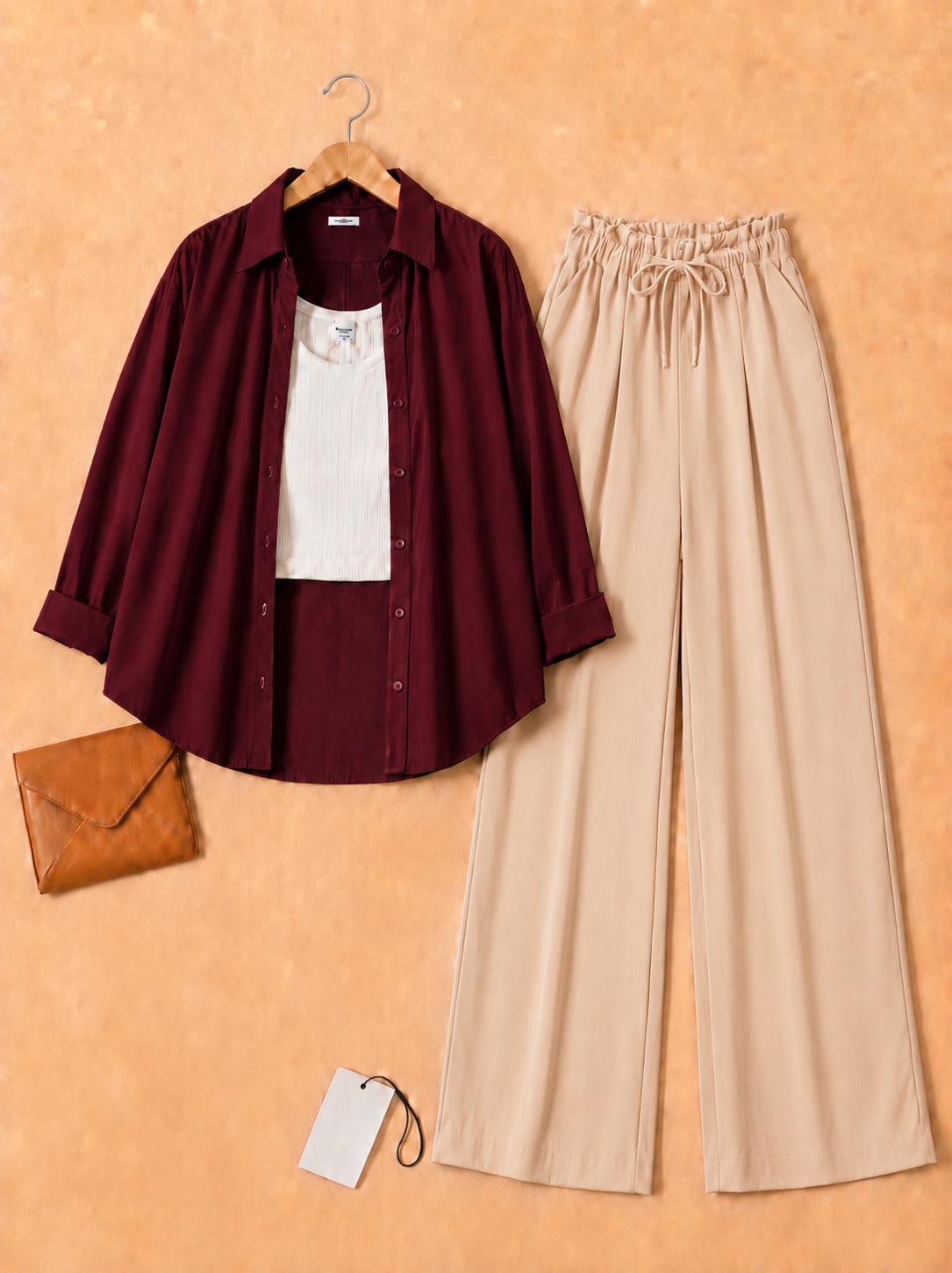 Maroon button down with inner + Beige flapper Trouser