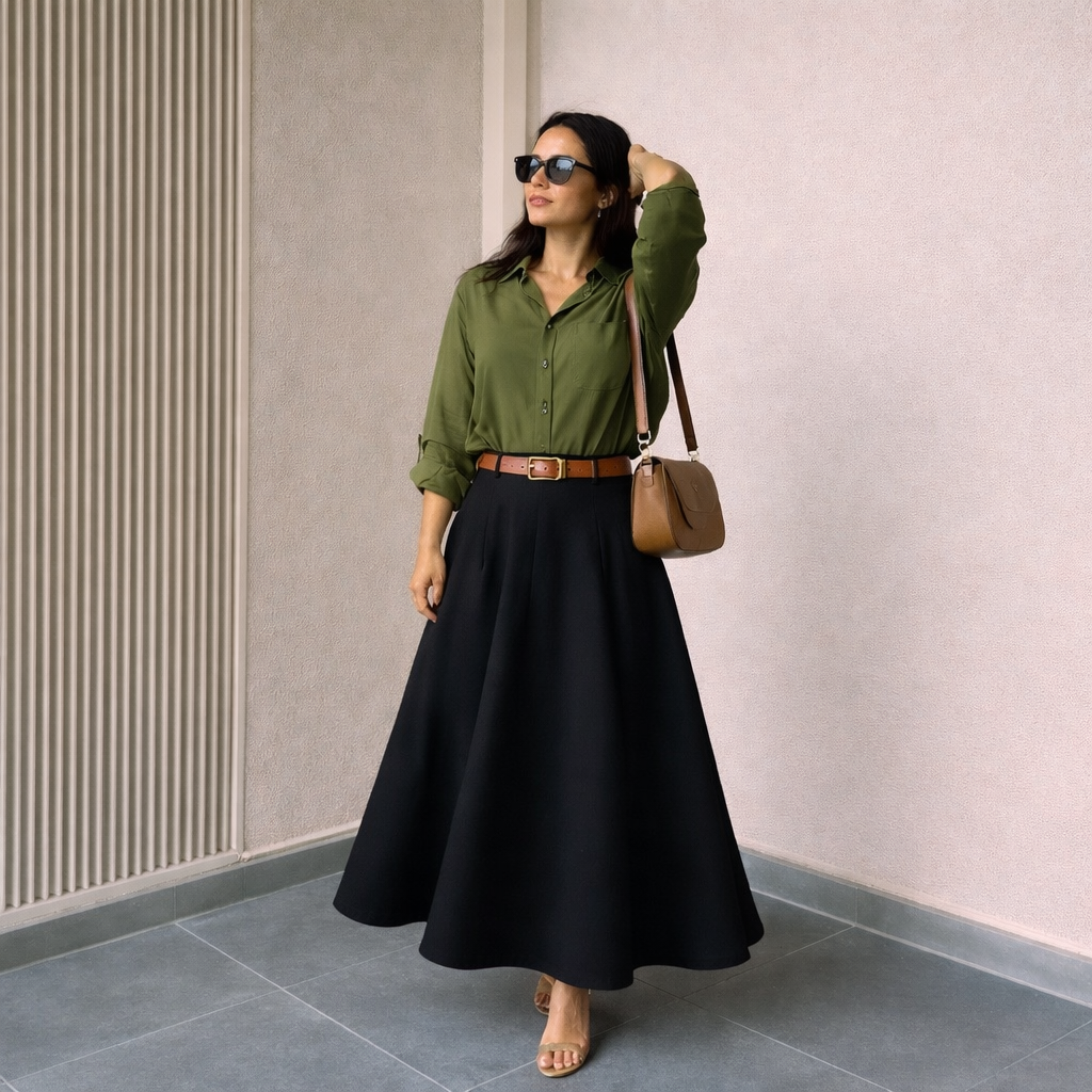 Pack of 2 Olive Button down Shirt  +Black  Skirt