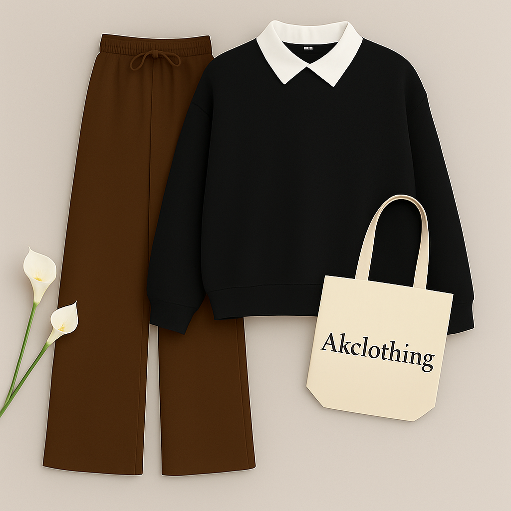 Black Collar Sweatshirt with Brown Flapper Trouser