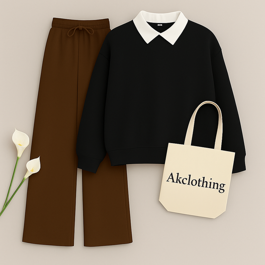 Black Collar Sweatshirt with Brown Flapper Trouser