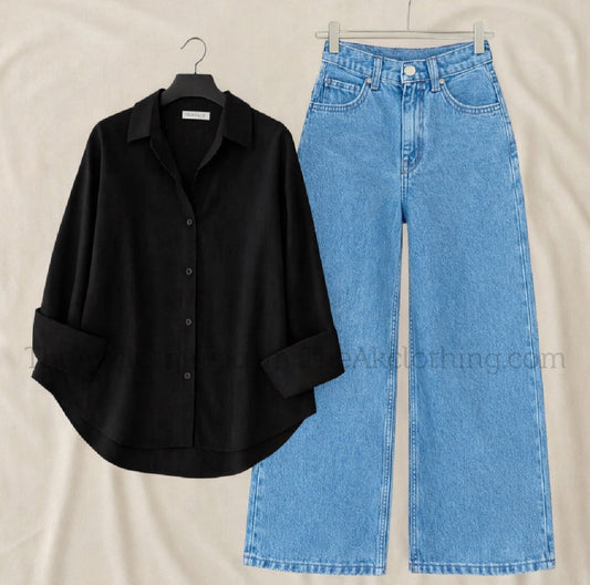 Pack of 2 Black Button down With sky  wide leg jeans
