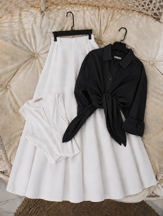 Pack of 3 of Black Grey lining Button down with tank top + White Skirt