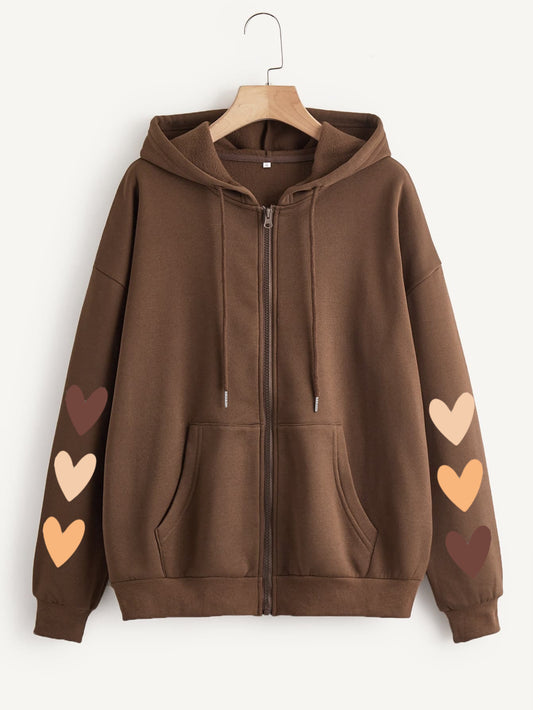 Zip-Up Hoodie Coffee Brown multi heart sleeves