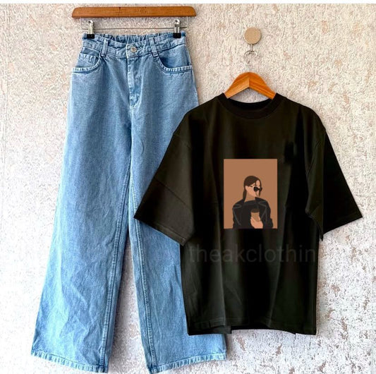 Sky wide leg jeans + Black   tshirt Coffee girl