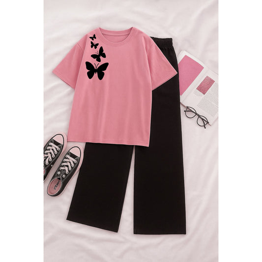 Shoulder 3Butterfly Pink Tshirt With Black Flapper Tracksuit