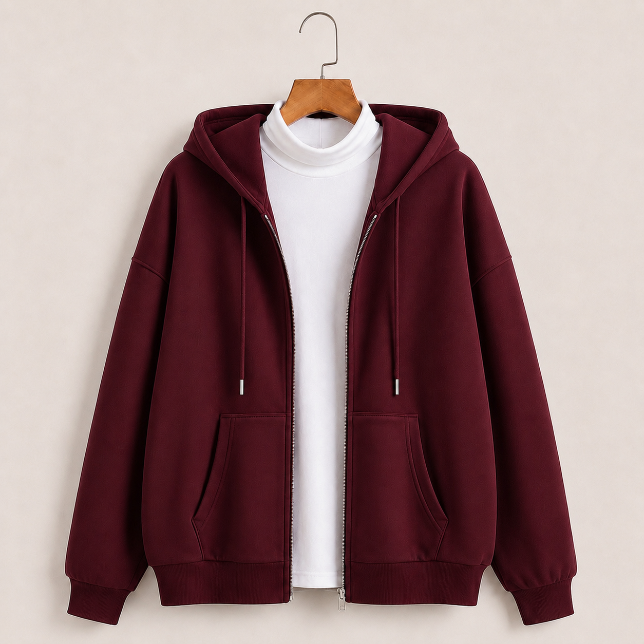 Maroon zipper hoodie with Highneck