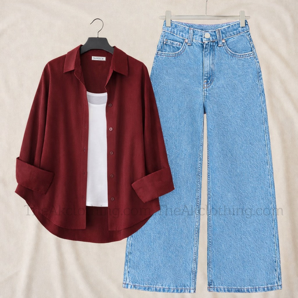 Pack of 3 Maroon Button down + Inner With Sky Wide leg Jeans