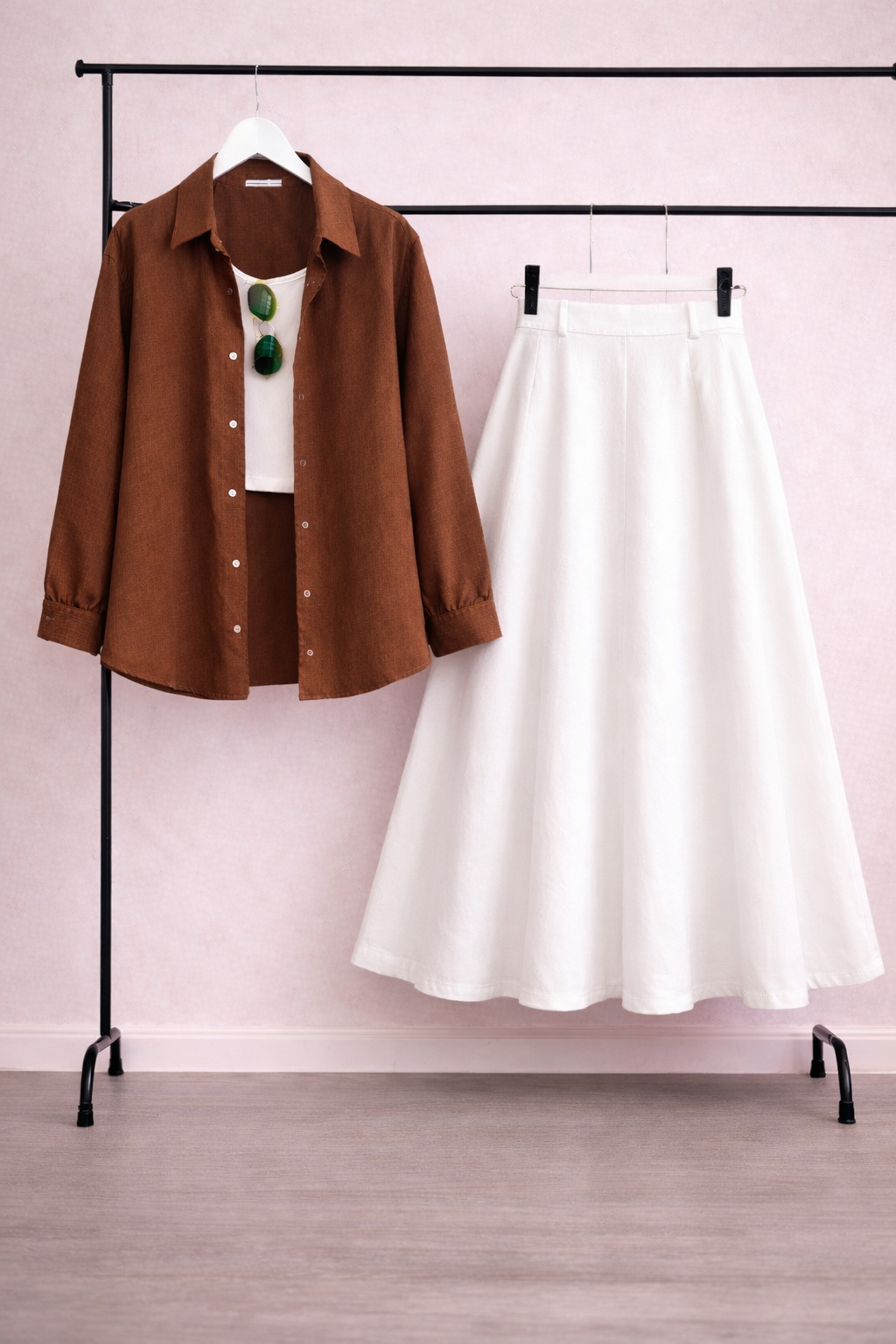 Pack of 3 Brown Button down + Tanktop  With White Skirt