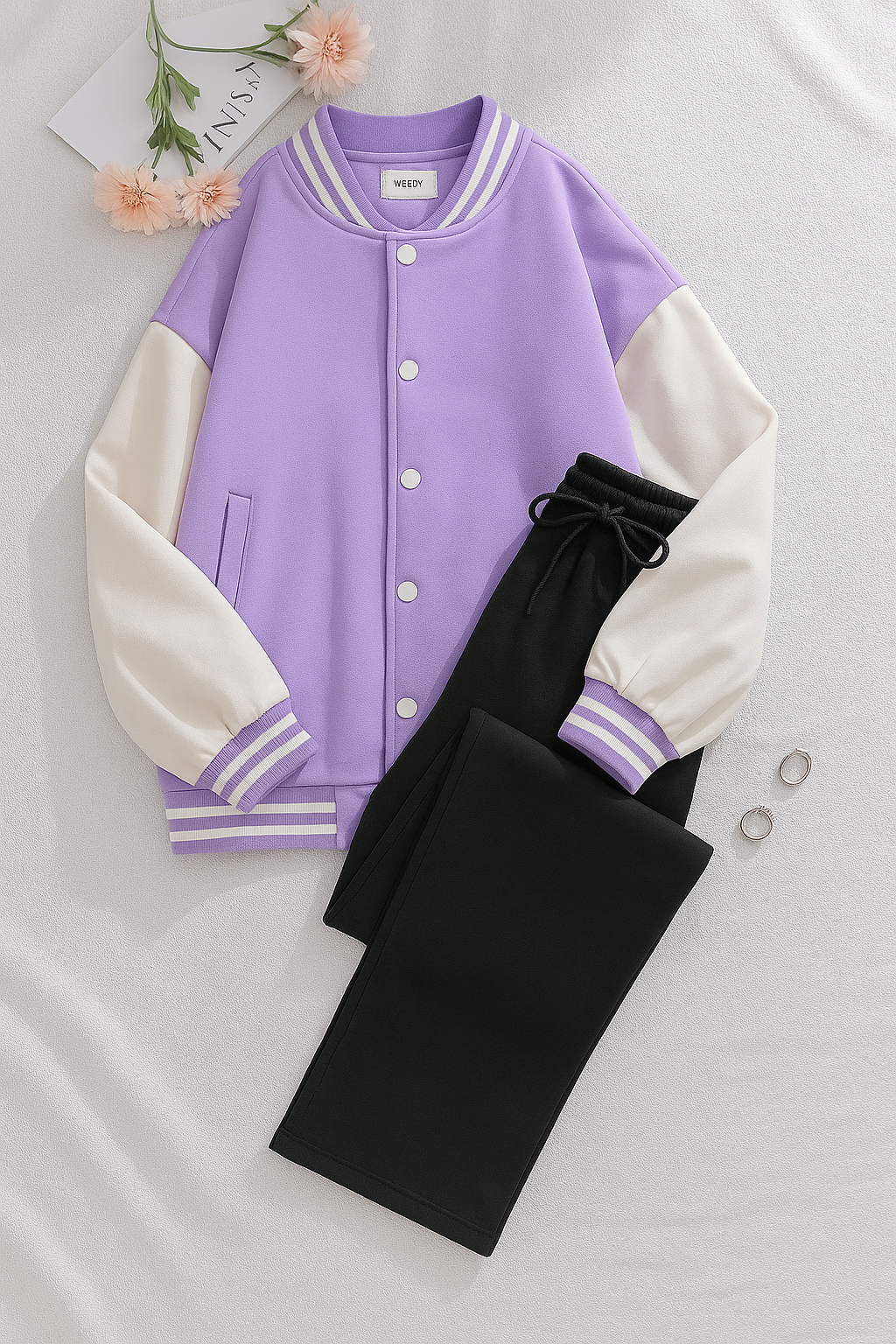 Lilac varsity Jacket With Black Flapper Trouser