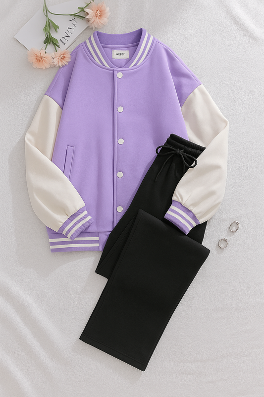 Lilac varsity Jacket With Black Flapper Trouser