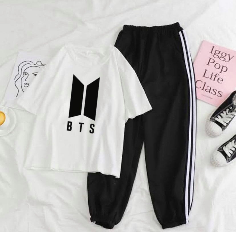 Bts white tshirt black strip trouser summer track suit