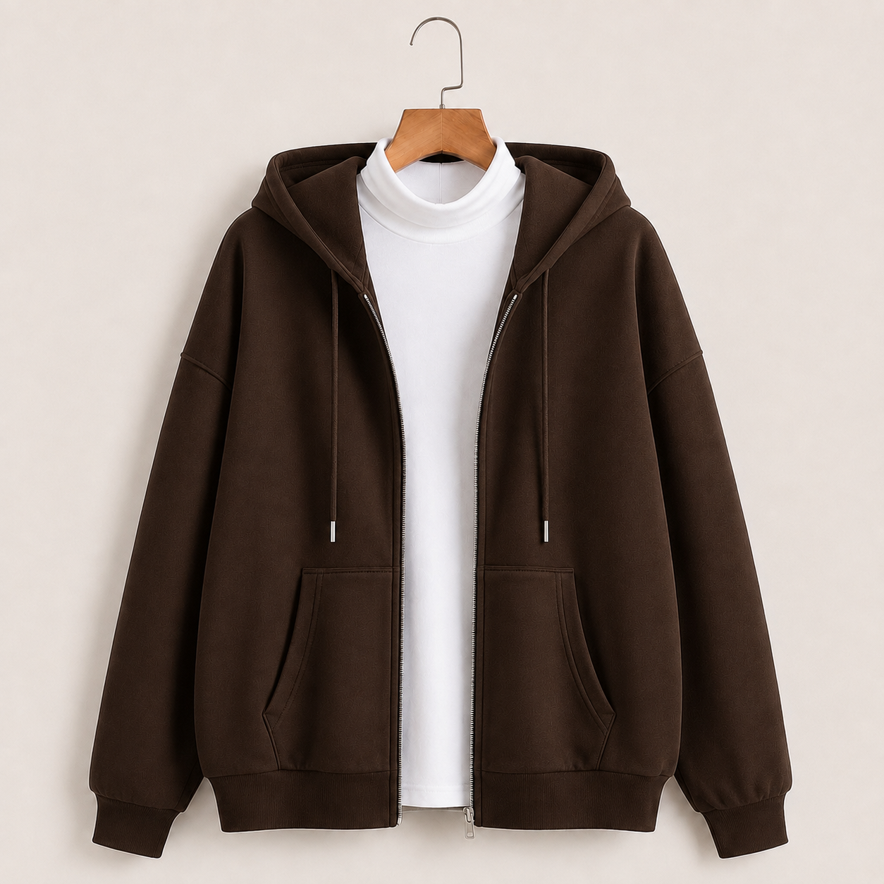 Brown zipper hoodie with Highneck